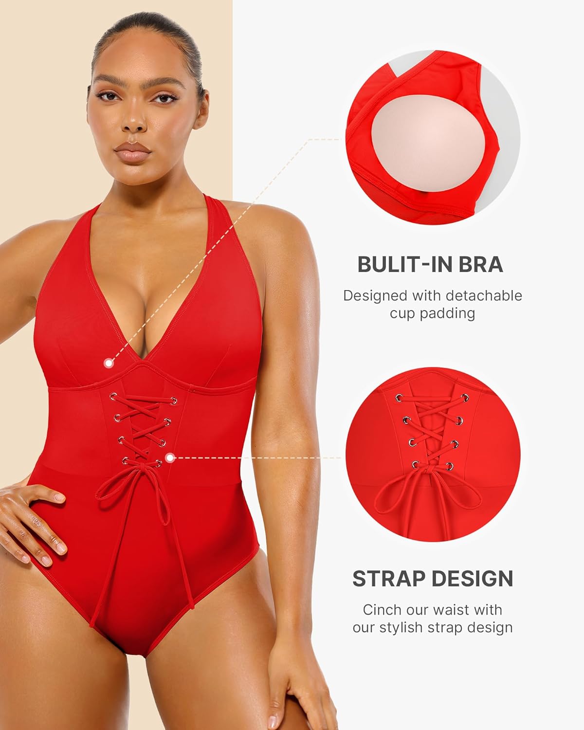 SHAPELLX Women One Piece Swimsuits Tummy Control Bathing Suits Push Up Slimming Swimwear with Built-in Bra V Neck - Image 3