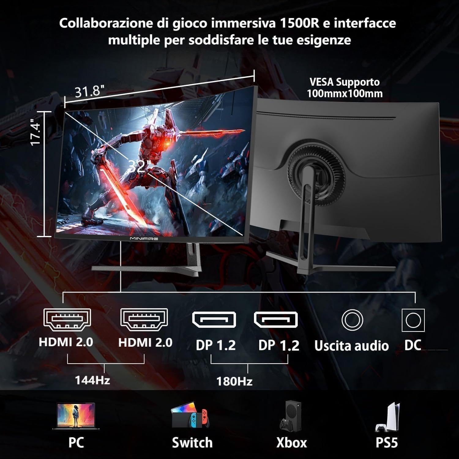 Minifire Monitor Gaming 32 pollici Curvo, PC Monitors Ultrawide WQHD(2560 x 1440), 180Hz, 1Ms, VA (1500R), UltraLarge, 2xHDMI 2.1 (144HZ), DP 1.2 (180Hz), AdaptiveSync, sRGB125%, DCI-P3 90%, Eye Care
