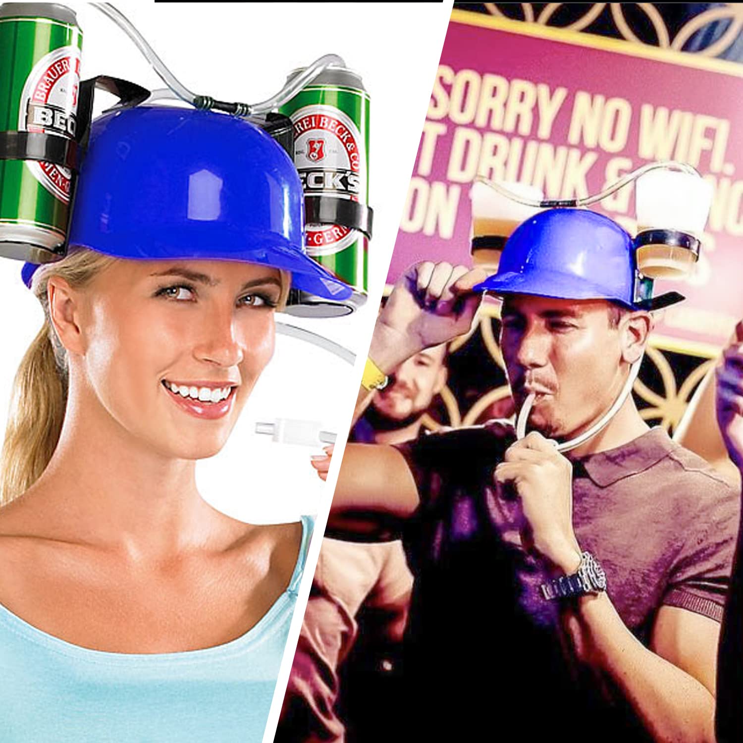 BeerHelmet® Sombrero de Cerveza Azul | Sombrero Anti-SED | 2 portabebidas con pajitas incorporadas Reutilizables | Tamaño Ajustable | Juego de Beber | Creado y desarrollado por OriginalCup®