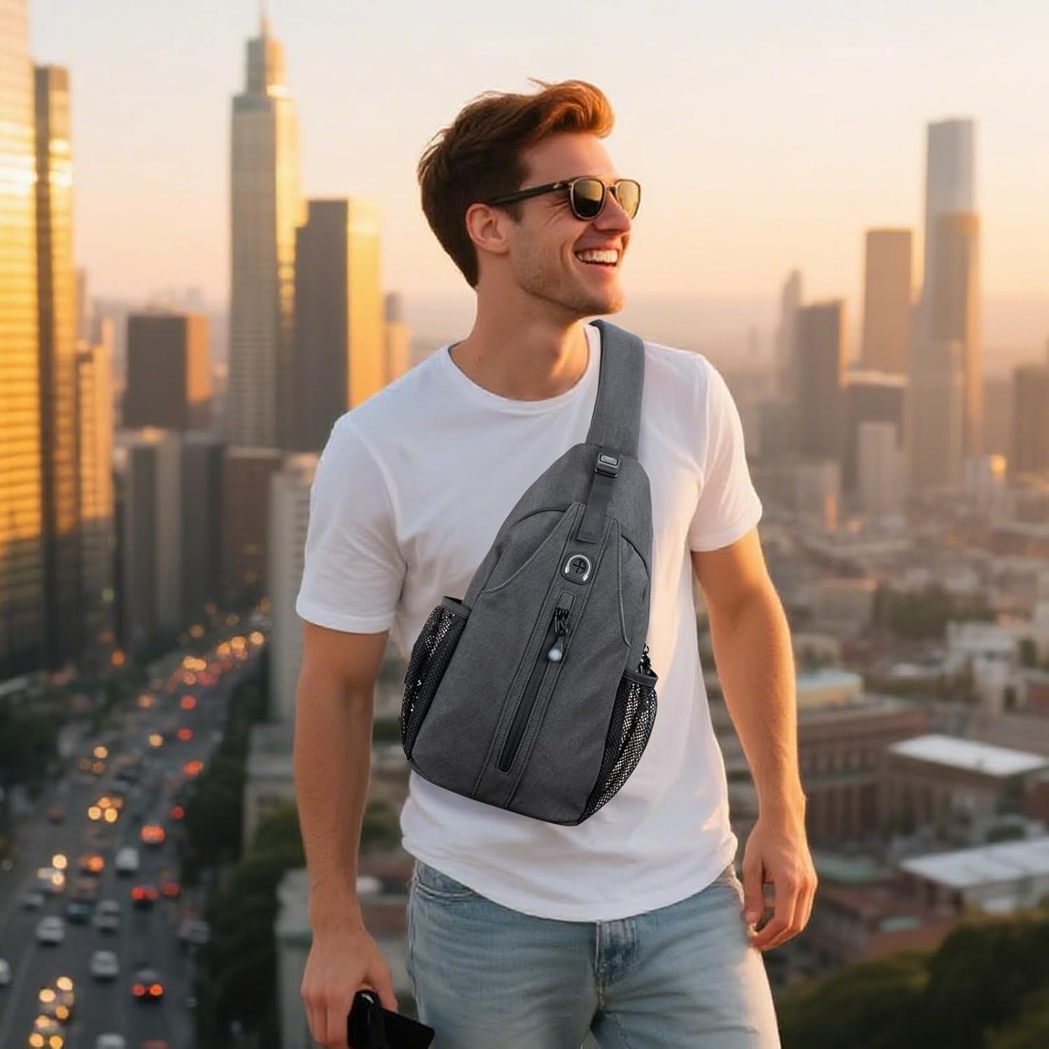 LEDAOU Crossbody Sling Bag Anti-Theft Sling Backpack Cross Body Shoulder Chest Bag Fanny Pack Travel Hiking (Black-Grey) - Image 2