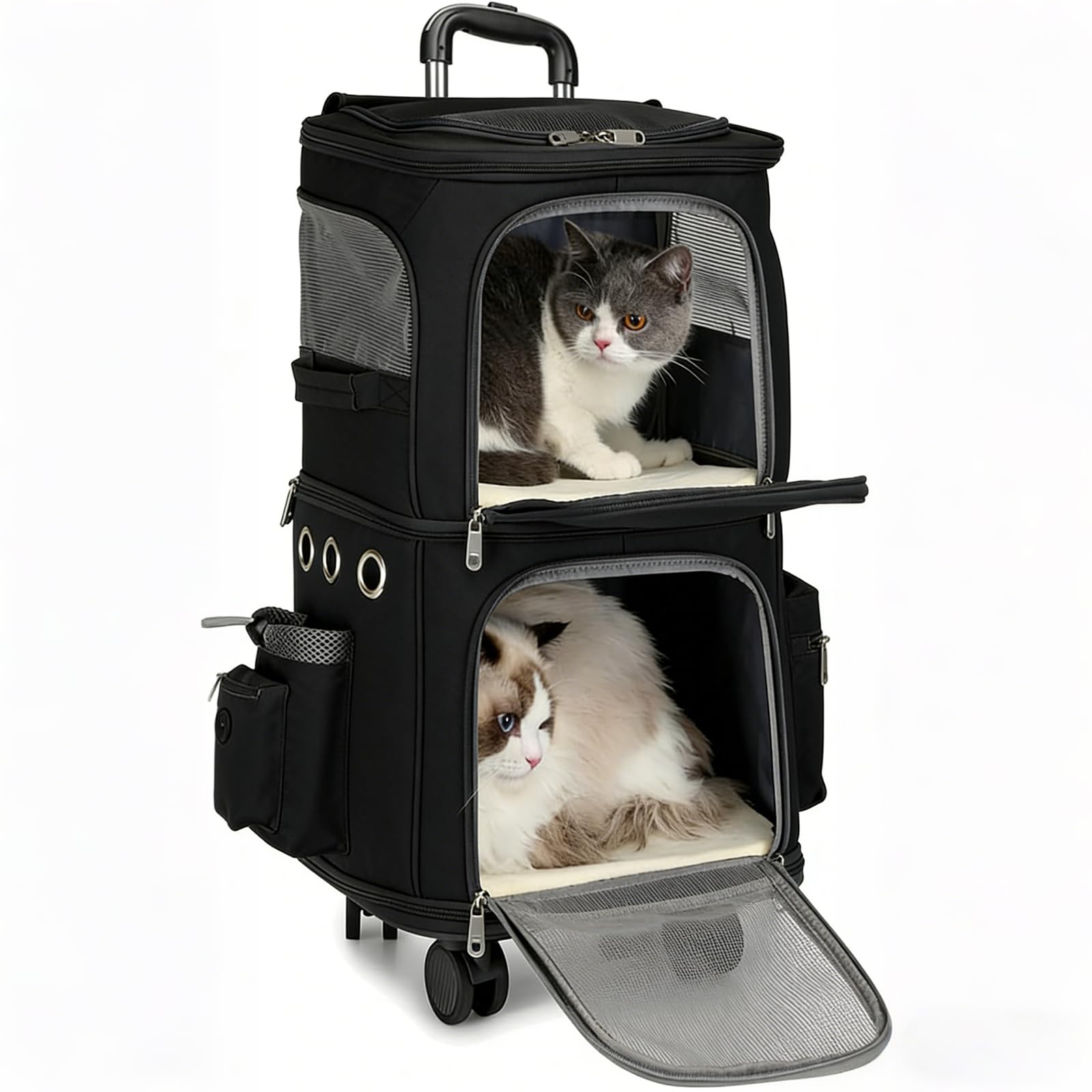 Liwankaqi Pet Rolling Carrier with Wheels, Double-Compartment Cat Travel Carrier for Small Dogs and Cats, Ventilated Portable Pet Transport Bag with Side Storage Pockets