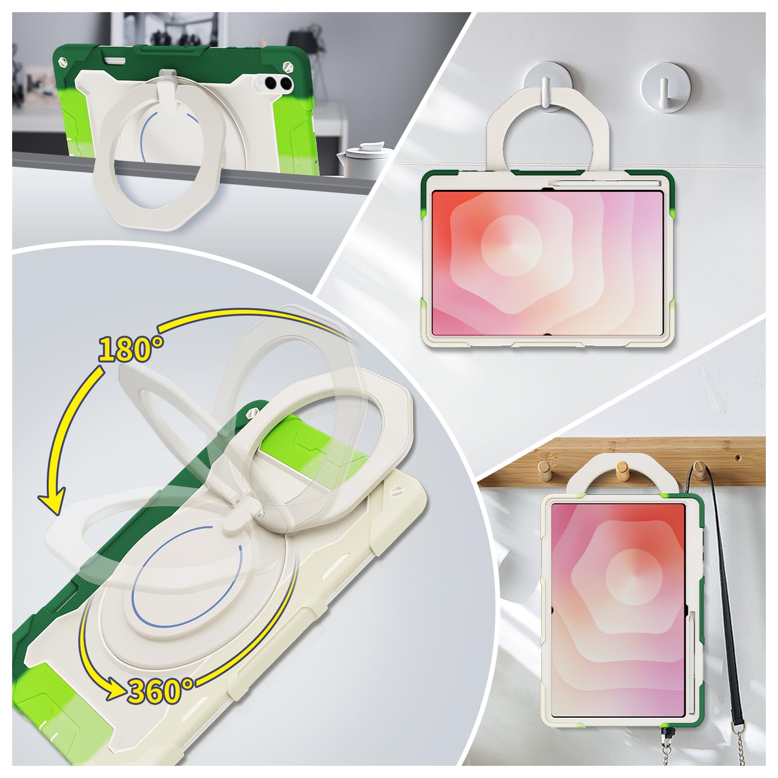 Etui na tablet Samsung Galaxy Tab S11 Ultra 2025 37.1 cm z obrotową podstawką o 360°, odporne na wstrząsy, z paskiem na ramię, uchwytem na ołówki i pierścieniem na uchwyt, zielono-białe