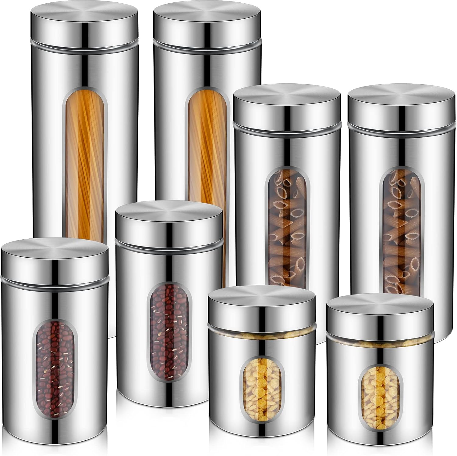 8 Pcs Kitchen Canister Set Stainless Steel Nested Canister Storage Set with Glass Window Airtight Lid Coffee Sugar Tea Storage Jars for Flour Pasta Cookies Spices Grains (Silver)