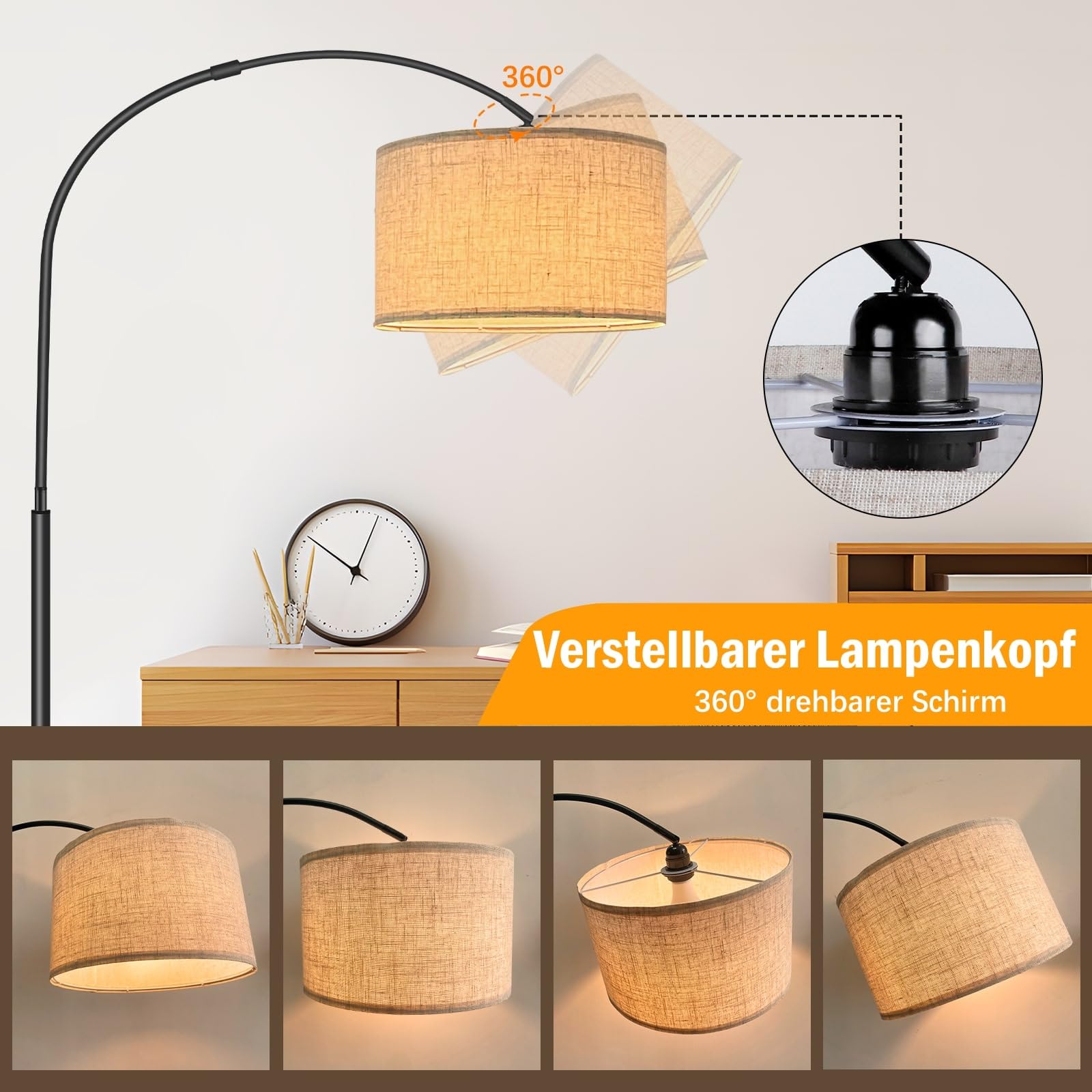 Yicenscoltd Bogenlampe Stehlampe Wohnzimmer– LED Stehlampe Dimmbar mit 3 Farbtemperaturen,12W E27 Glühbirne geliefert, Leinen Lampenschirm, Fußschalter – geeignet für Schlafzimmer, Lesen, Büro usw