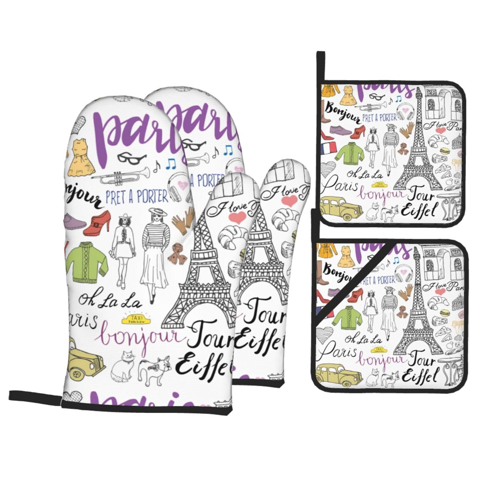 French Paris Tour Eiffel Tower Print Kitchen Oven Mitts And Pot Holders Set,Hanging Loop Design For Cooking Baking Bbq