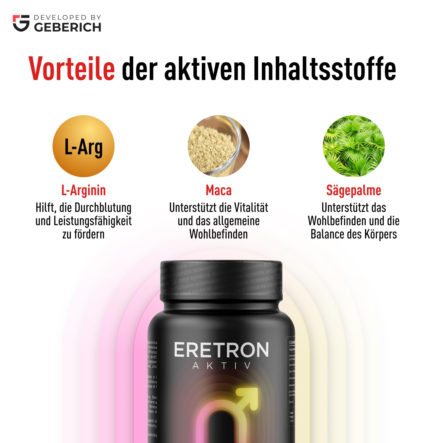 Kapseln ERETRON AKTIV | Männliches Wohlbefinden | Maca-Extrakt 4:1 600mg, L-Arginin 180mg | Unterstützt den täglichen Tonus | mit Ginseng, Serenoa Repens, Zink, Selen | Vitamine C, B3, E | 30 Kapseln