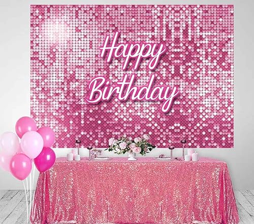 Miniatura 3 de Telón de fondo cuadrado de cumpleaños rosa con lentejuelas brillantes, fondo de fotografía de pared para decoración de cumpleaños de princesa niña