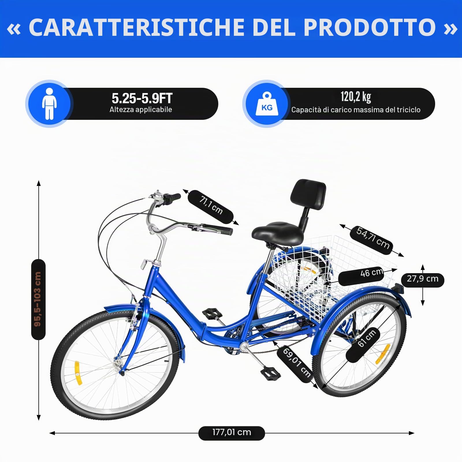 24 pollici, 7 marce, triciclo pieghevole, per adulti, 3 ruote, pieghevole, con cestino e schienale, regolabile in altezza per adulti, anziani e principianti, blu