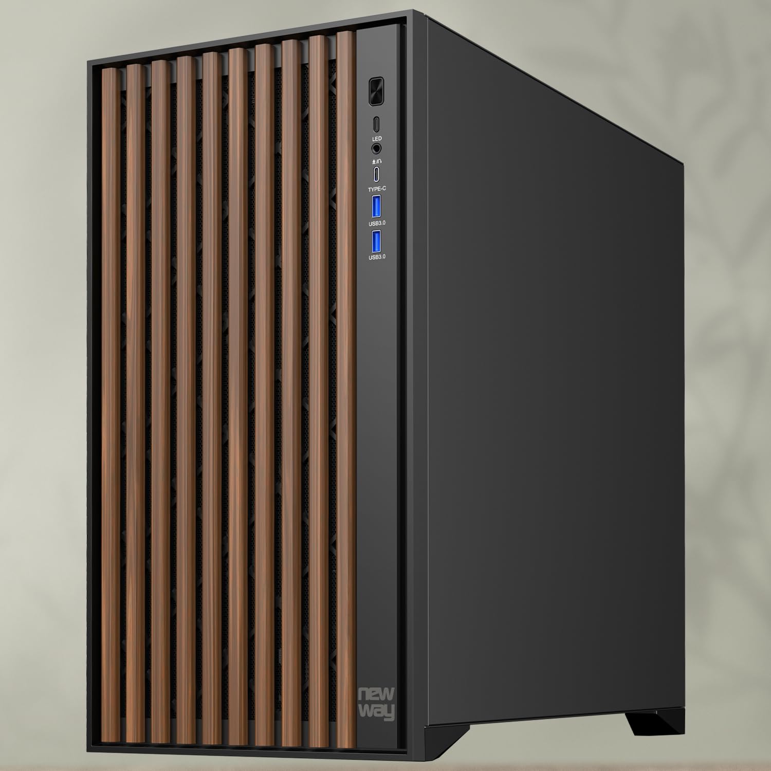 NEWWAY - NW1 Boitier PC Façade en Bois - Moyen Tour Compatible ATX/Micro-ATX/ITX - Type C USB - Ventilateurs Inclus 3x140MM PWM - Panneau latéral Verre tempéré (Noir)