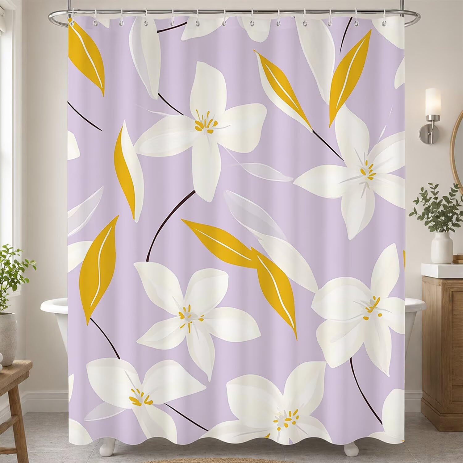 Rideau de douche avec 12 crochets inclus motif floral lilas pour salle de bain