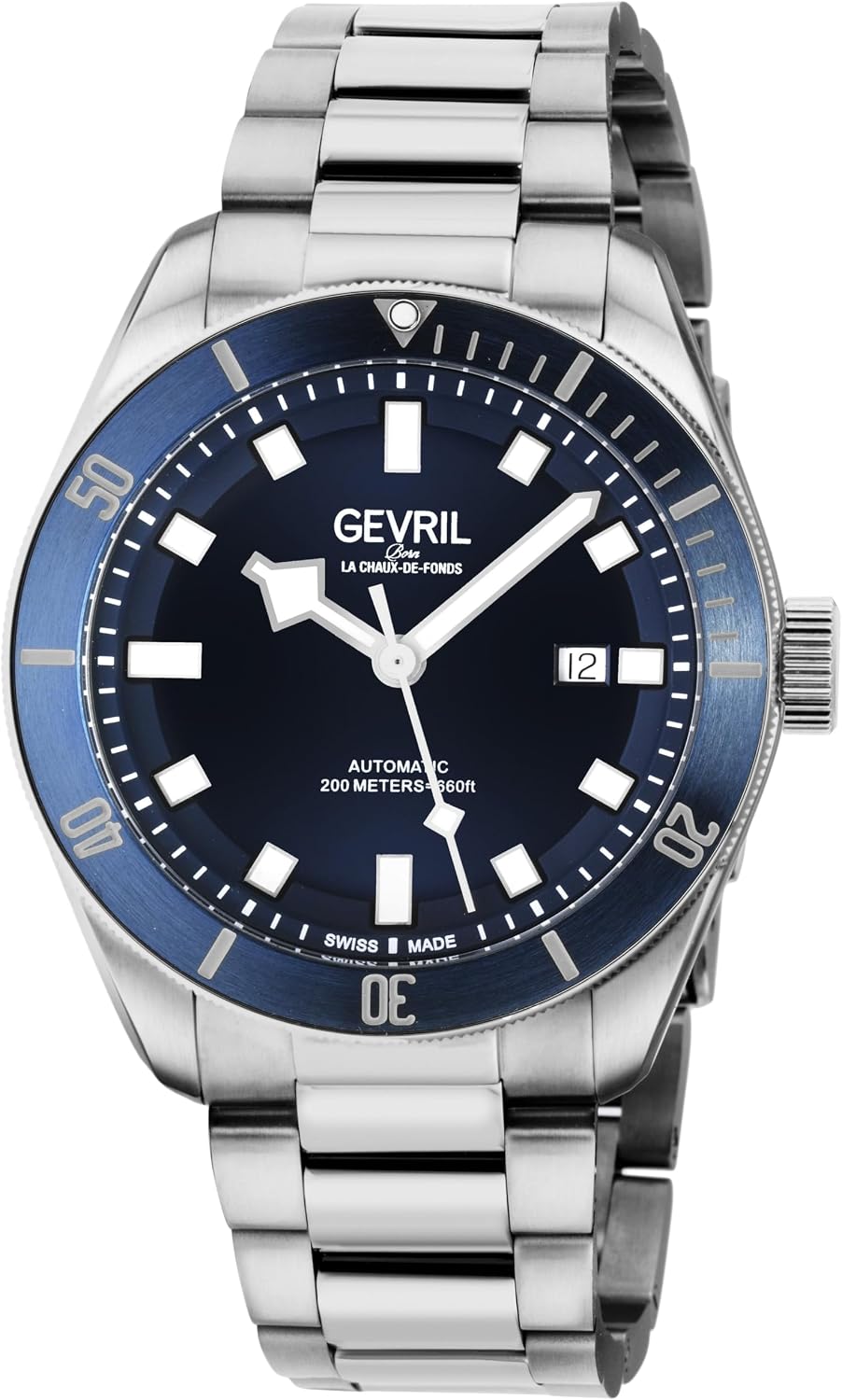 Gevril Yorkville Men's Swiss Automatic Watch, Model 48601, front view with blue dial and silver bracelet.