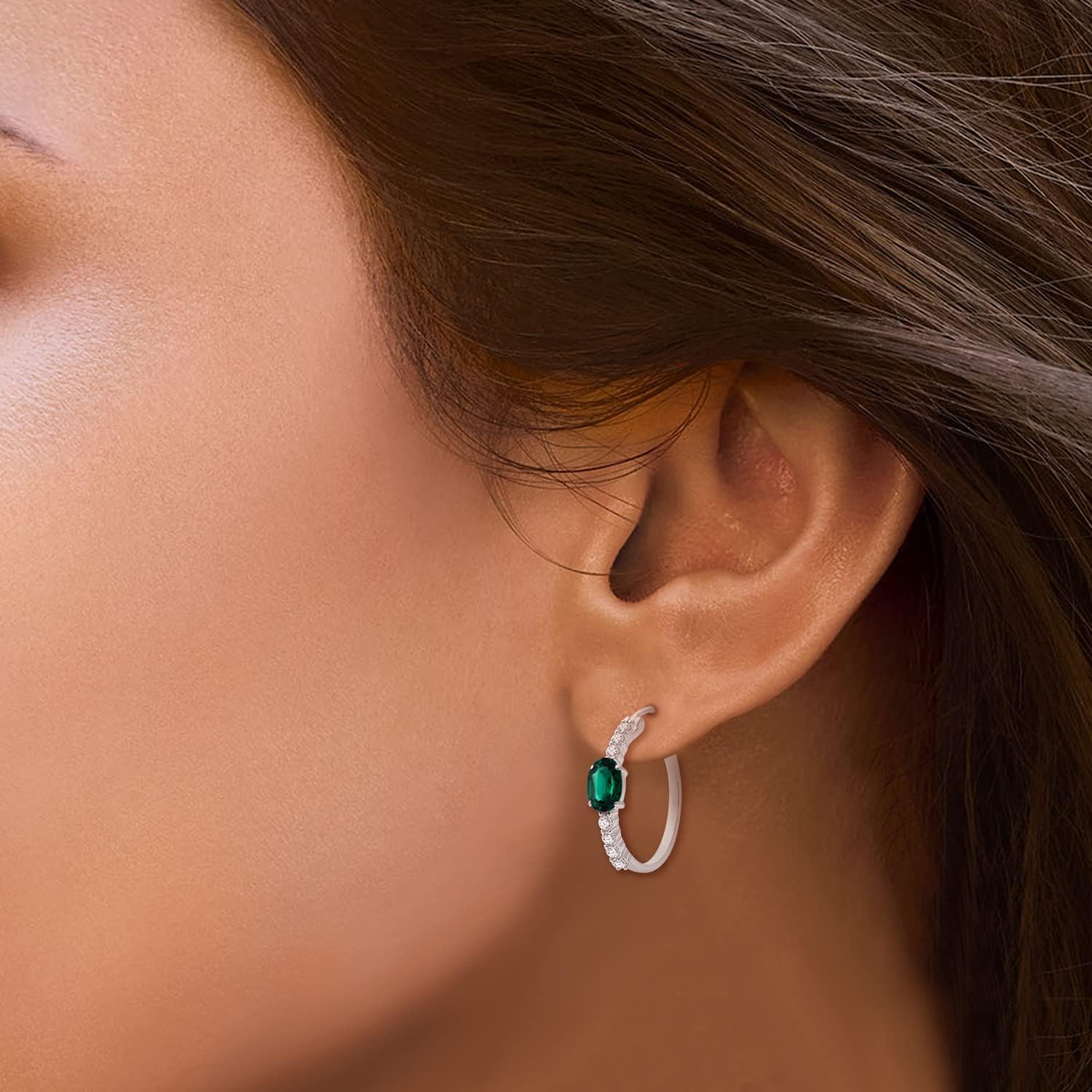 Jewelili Sterling Silver with 6x4 MM Oval Created Emerald and Created Round White Sapphire Hoop Earrings