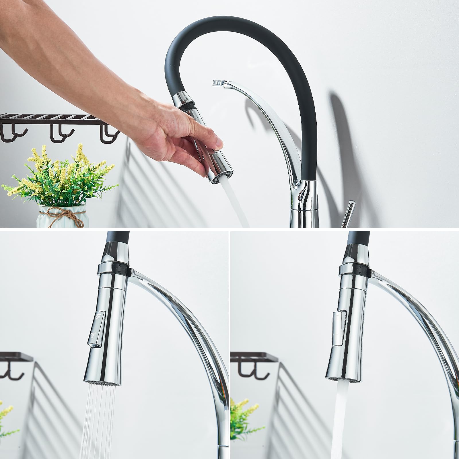 Niederdruck Armatur Küche Spültischarmatur Chrom Flexibler Schwarz 360° Drehbare mit 2 Sprühfunktionen mit Wasserspar Aerator Mischbatterie
