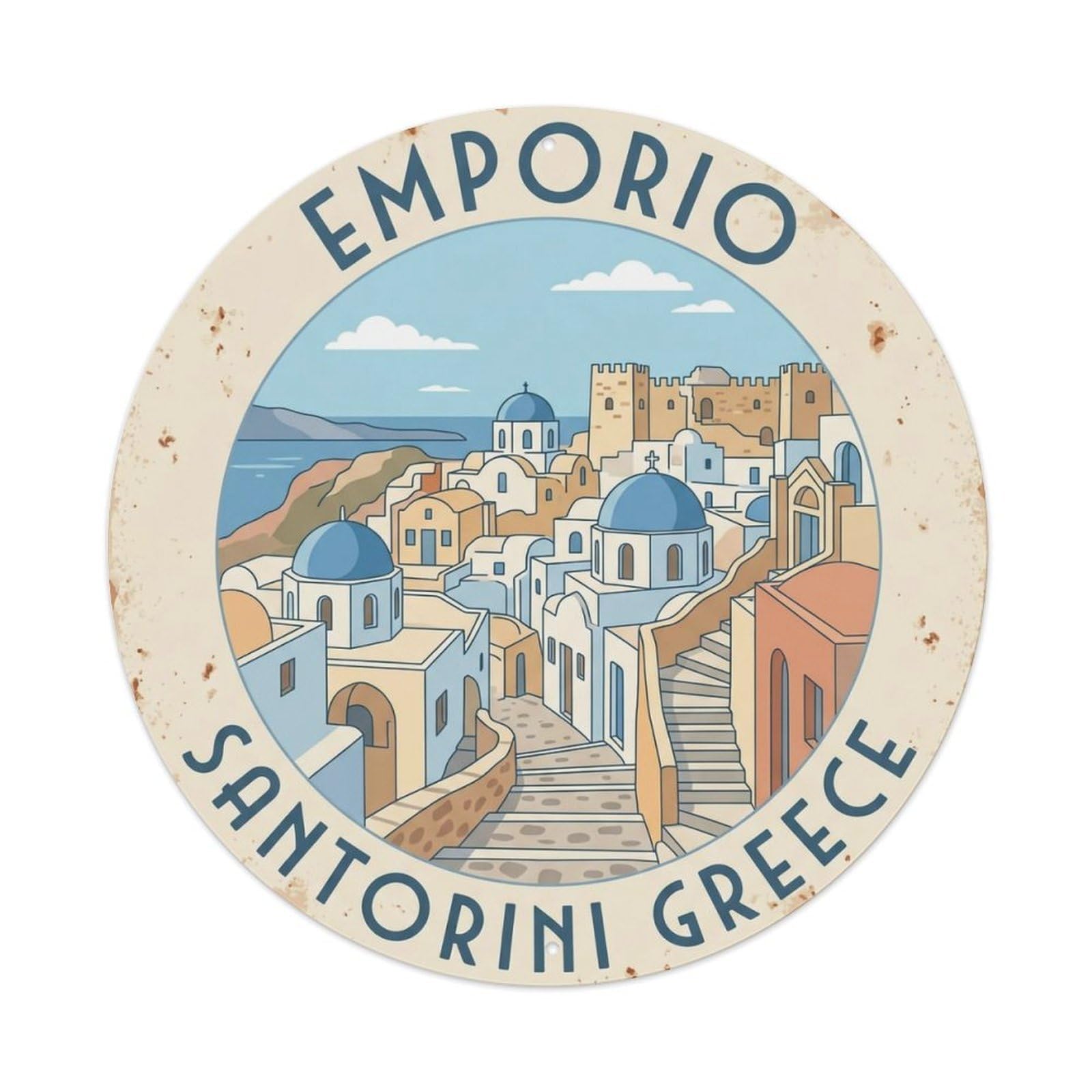 Vintage Travel Emporio Santorini Castle 1 Metal Tin Sign