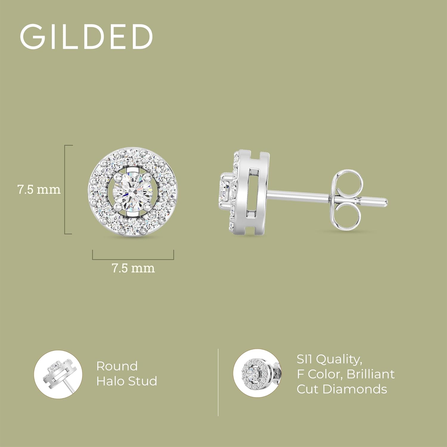 Gilded Lab-Grown Diamond Sterling Silver and 14KT Yellow Gold Plated Silver Stud Earrings for Women | Round Halo Shaped Studs | Hypoallergenic Fine Jewelry | Prong Setting, Push Back Nut | SI1 Clarity, F Color 1/4, 1/2, 3/4, 1 Carat Total Weight - Image 4
