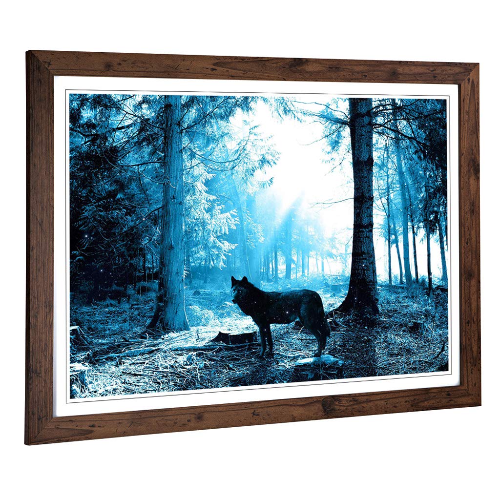 Big Box Art Framed Print of Black Wolf in Blue Forest Design | Wall Art Picture | Home Decor for Kitchen, Living, Dining Room, Bedroom, Hallway, Office, Walnut, A2 / 24.5x18 Inch / 62x45cm