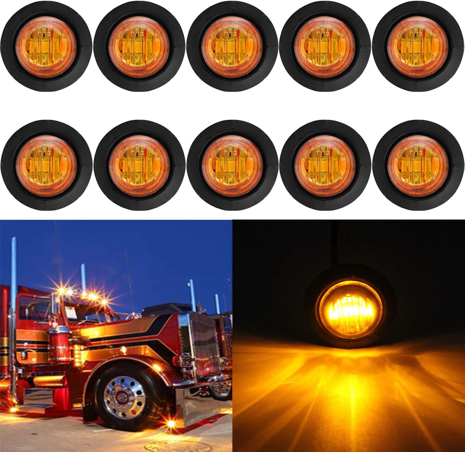 XINYANG 10PCS 3/4" Round Amber LED Side Marker Lights, 12V Waterproof 3SMD LED Clearance Light, Front Rear Indicator, Grommet Mount Signal light for Truck RV Bus Pickup Car Trailer Van Caravan Boat