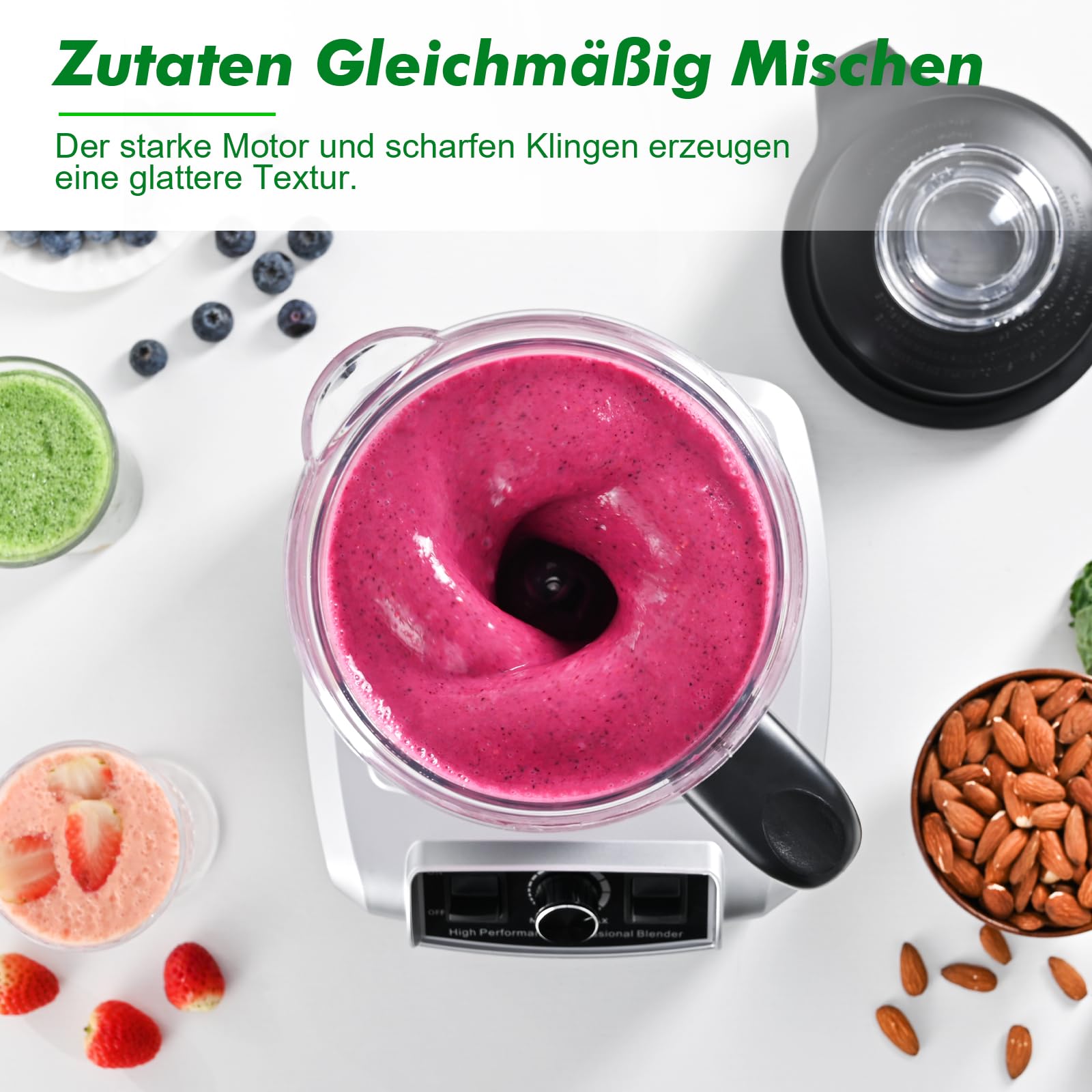 Kitchen in the box Mixer, 1500W Hochleistungs Standmixer 2L mit großem Fassungsvermögen, 8 Edelstahlklingen Smoothie Maker, schnellem Mixen für Smoothies und Milchshakes