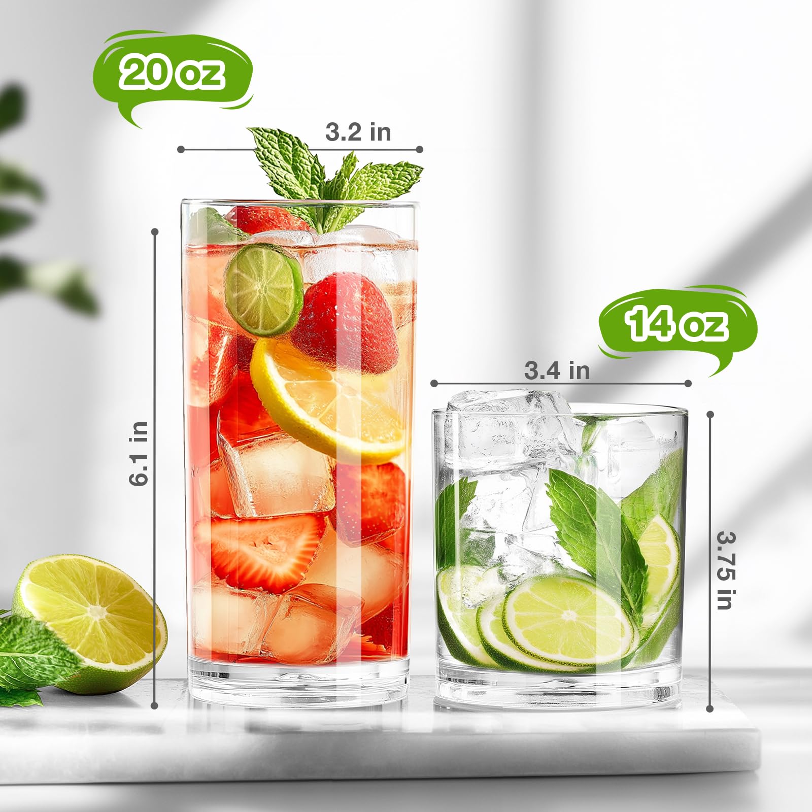 Amazon.com | Plastic Drinking Glasses Set of 8, 14oz Rocks & 20oz