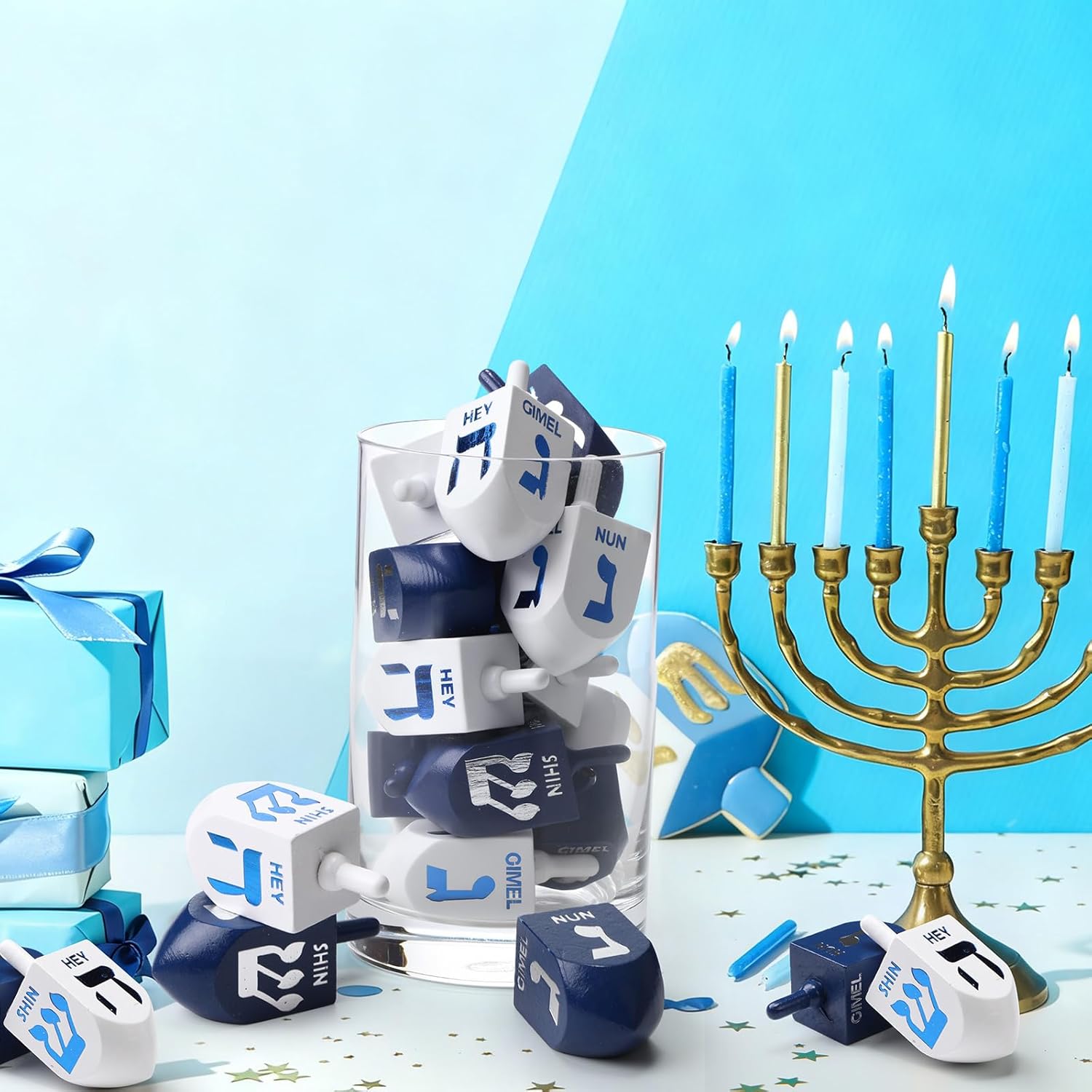 Jenaai 100 Pieces Purim Wooden Dreidel White Blue Natural Wood Dreidels for Passover Party Decorations Projects Crafts Family Fun (2.8 Inch)