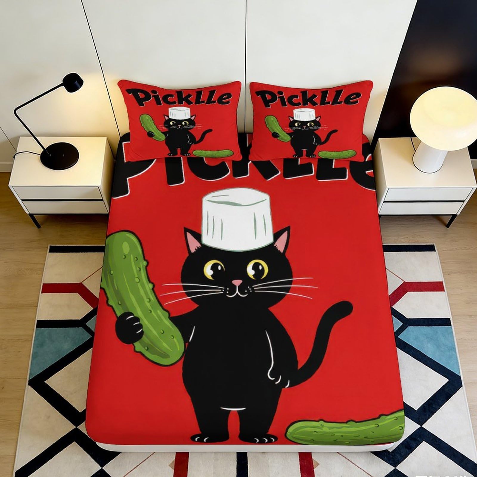 Pnayamiorkfel Style-4 3D Printed Chef Cat Pickle Fitted Sheet Microfiber Red Cartoon Bed Cover For Bedroom Guest Room Dorm Mattress Protection Decor 90X200x25cm
