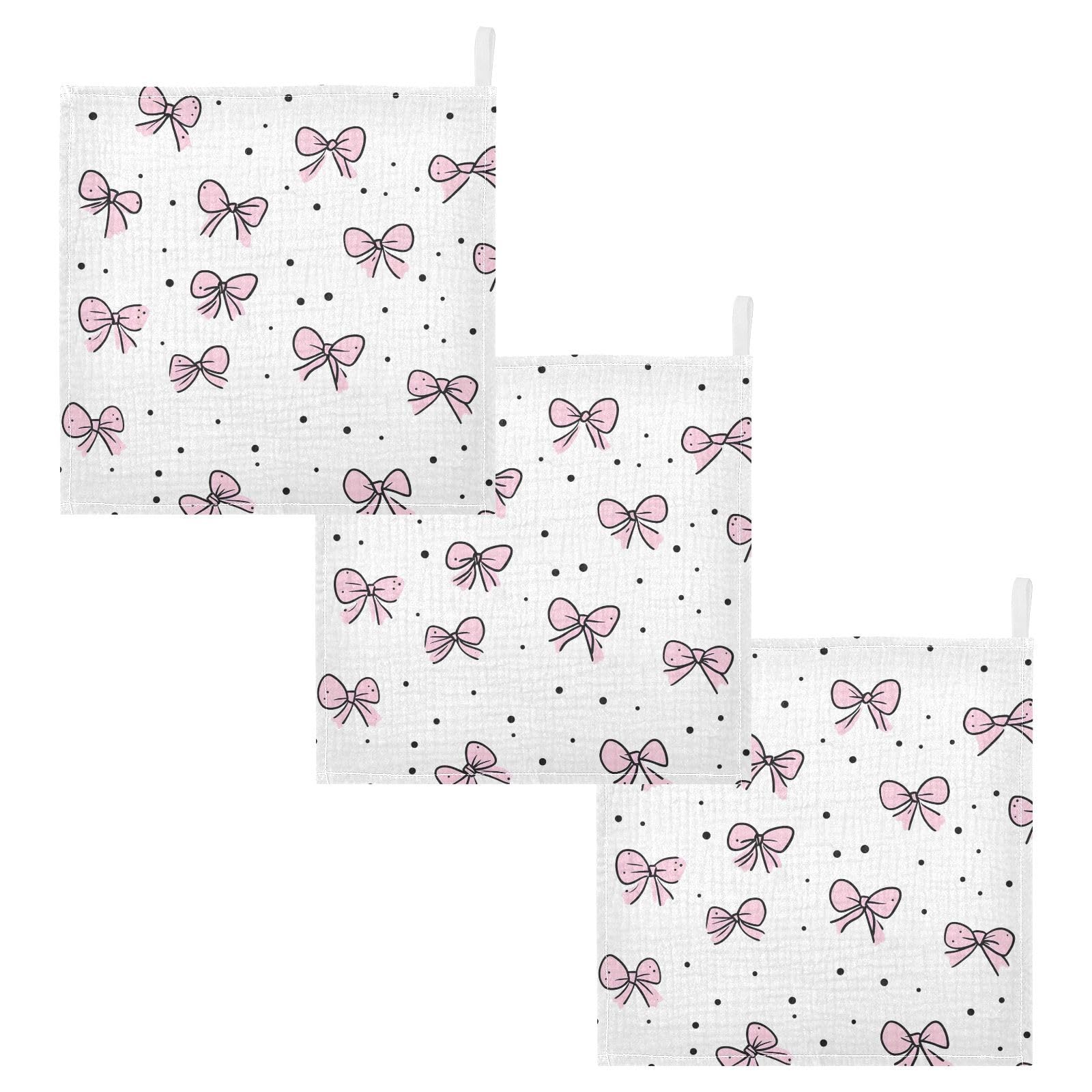 YETTASBIN Pink Bows Dot Muslin Baby Hand Washcloths Soft Cotton Bath Face Towel 4 Layers Extra Absorbent Feeding
