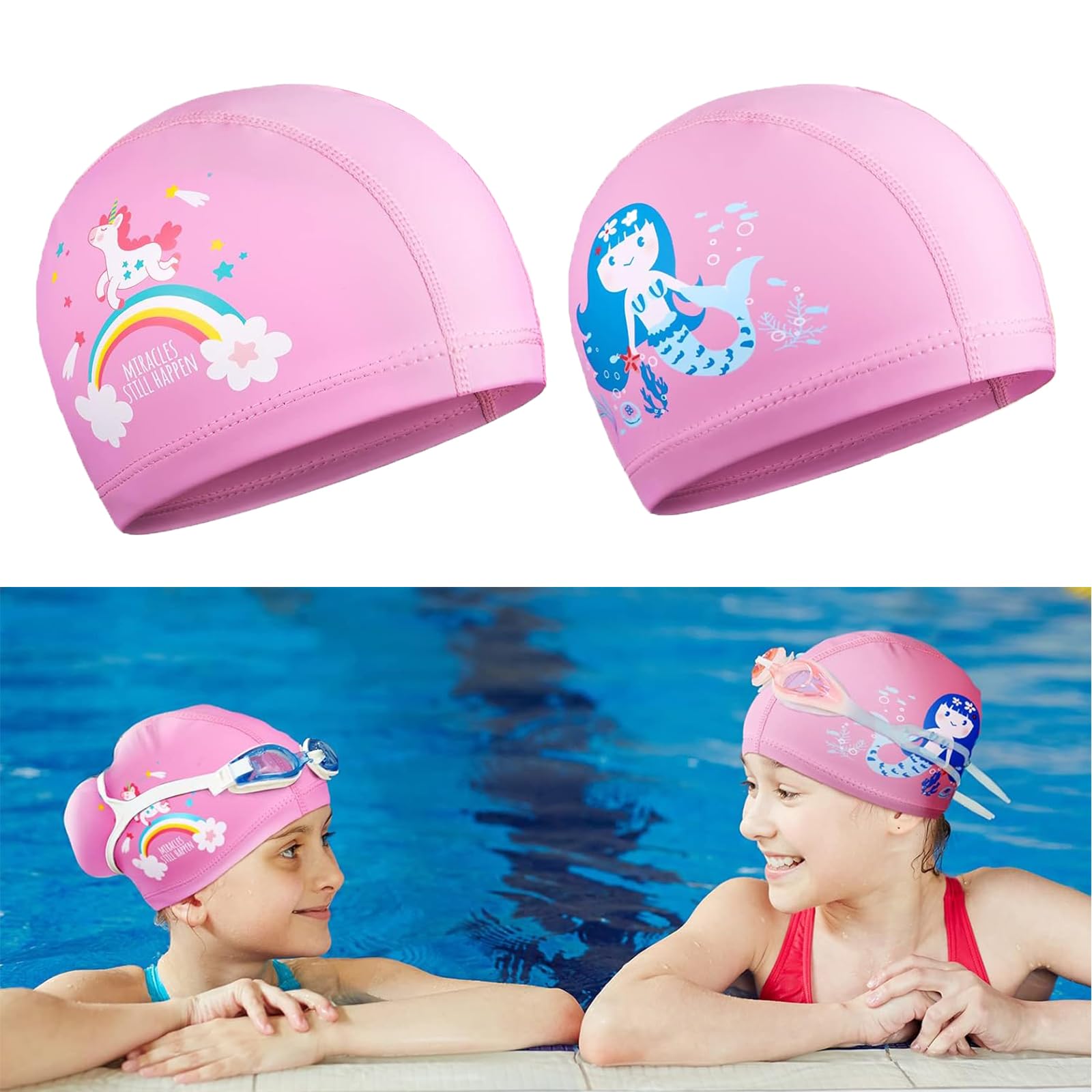SURALIN Gorro de natación para niños, 2 Unidades, Gorro de Piscina para bebés, Gorro de natación Impermeable para Cabello Largo, Gorro de Piscina para niñas