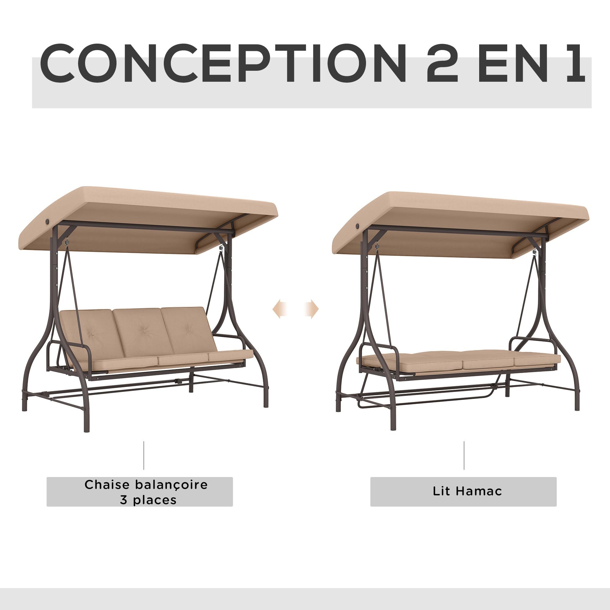 Outsunny Balancelle de Jardin Convertible 3 Places Grand Confort avec Coussins Toit réglable dim. 197L x 120l x 180H cm métal Polyester Kaki