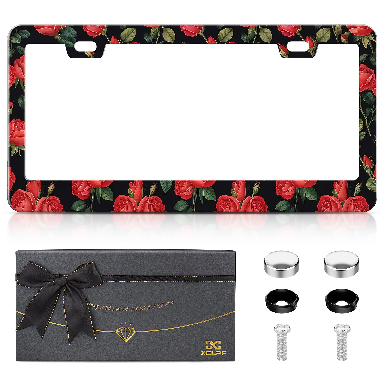 XCLPF Red Rose Black License Plate Frame – Aluminum Alloy License Plate Cover with 2 Holes, Rust-Proof Car Accessories Holder for Men Women, Universal