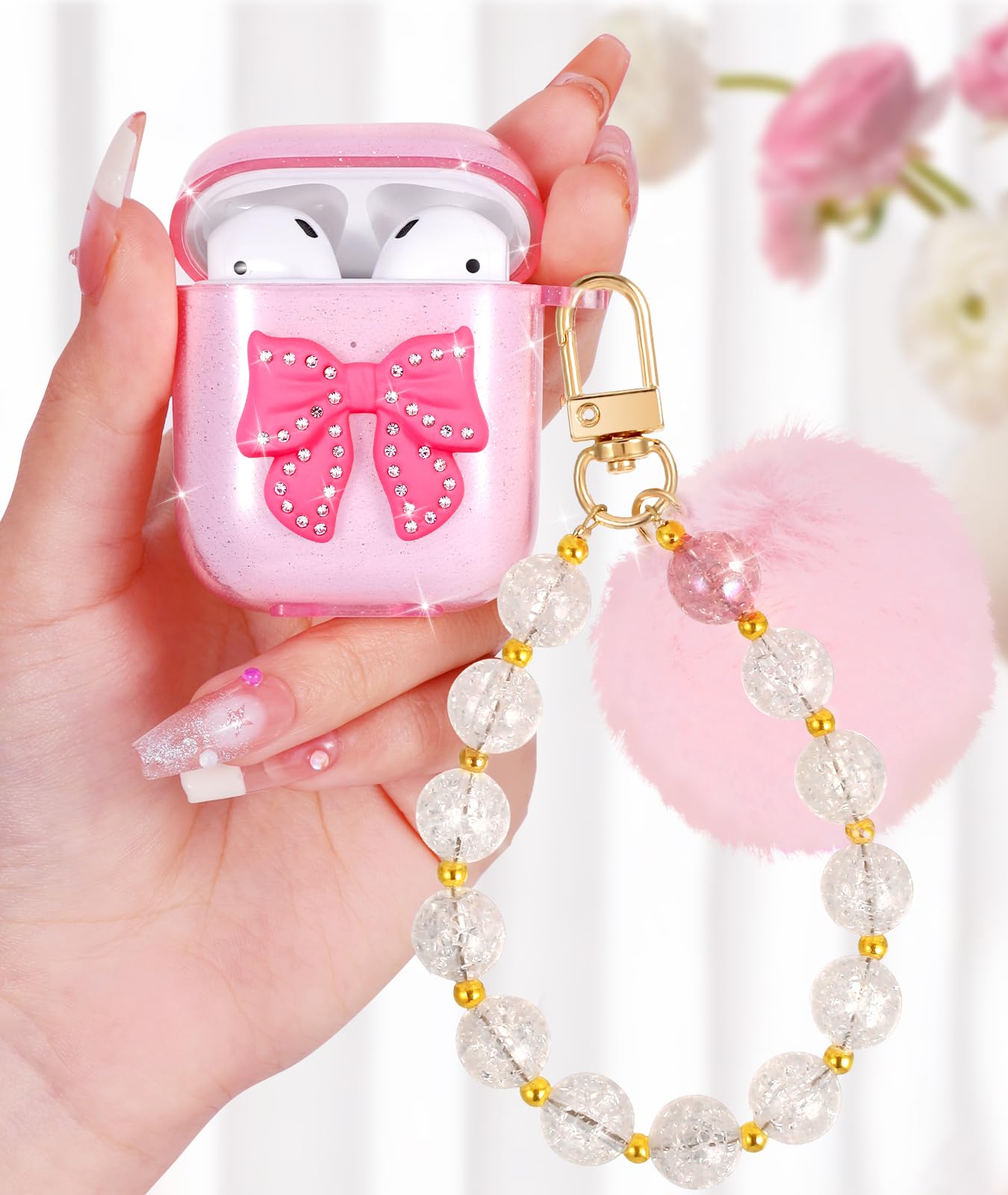 Boaretiu for Airpods 2/1 Case for Women Girls Girly Cute Kawaii - Girlish Stylish Shell Pompon Design Cover with Carabiner and for Air pods 2nd/1st