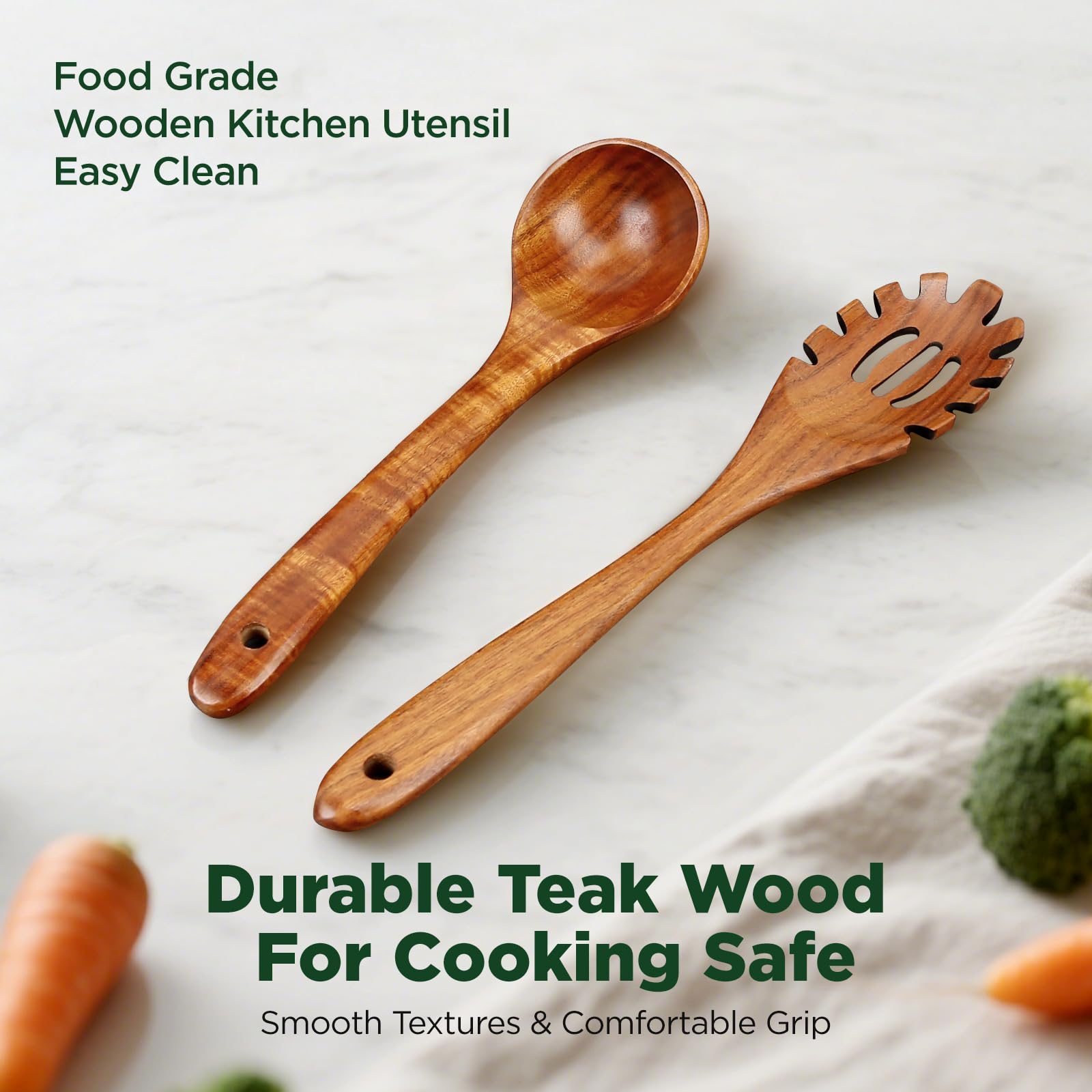 Wooden Spoons for Cooking, Natural Teak Wood Kitchen Utensil Set, Large Soup Ladle and Pasta Slotted Fork Strainer Spoon with Teeth for Cooking Serving Sauce (2 Pcs)