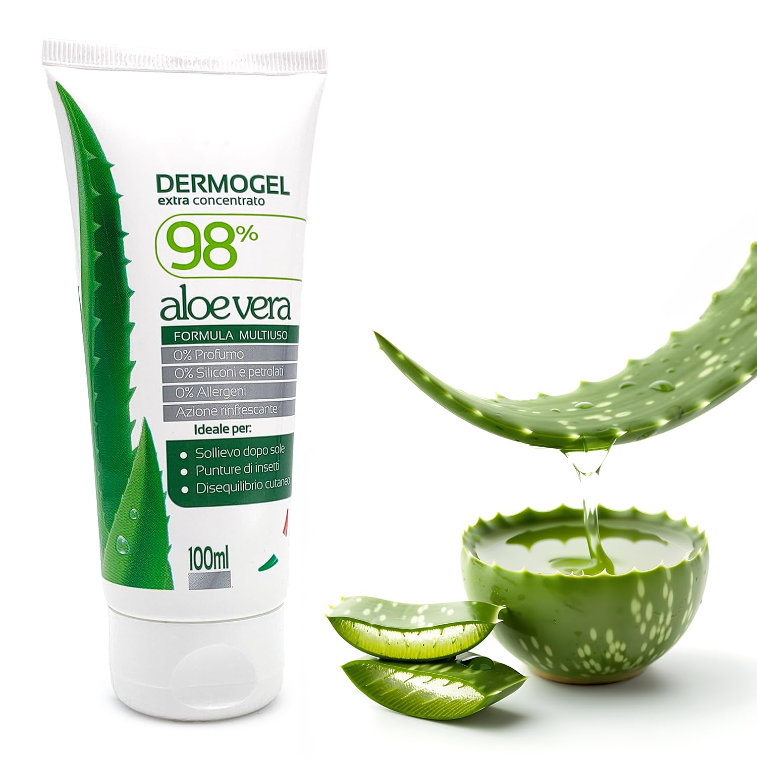 Dermogel Aloe Vera 98% | Nawilżający i łagodzący | Ulga po ukąszeniach i przebicia owadów | Bez perfum, silikonu i pestek | dla wrażliwej skóry i włosów, przezroczysty, 100 ml