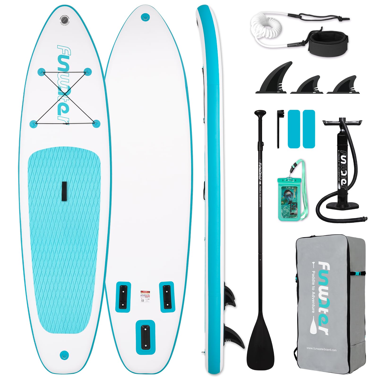 FunWater Tabla de remo inflable para adultos con pala, mochila, 3 aletas, bomba y correa adecuada para principiantes.