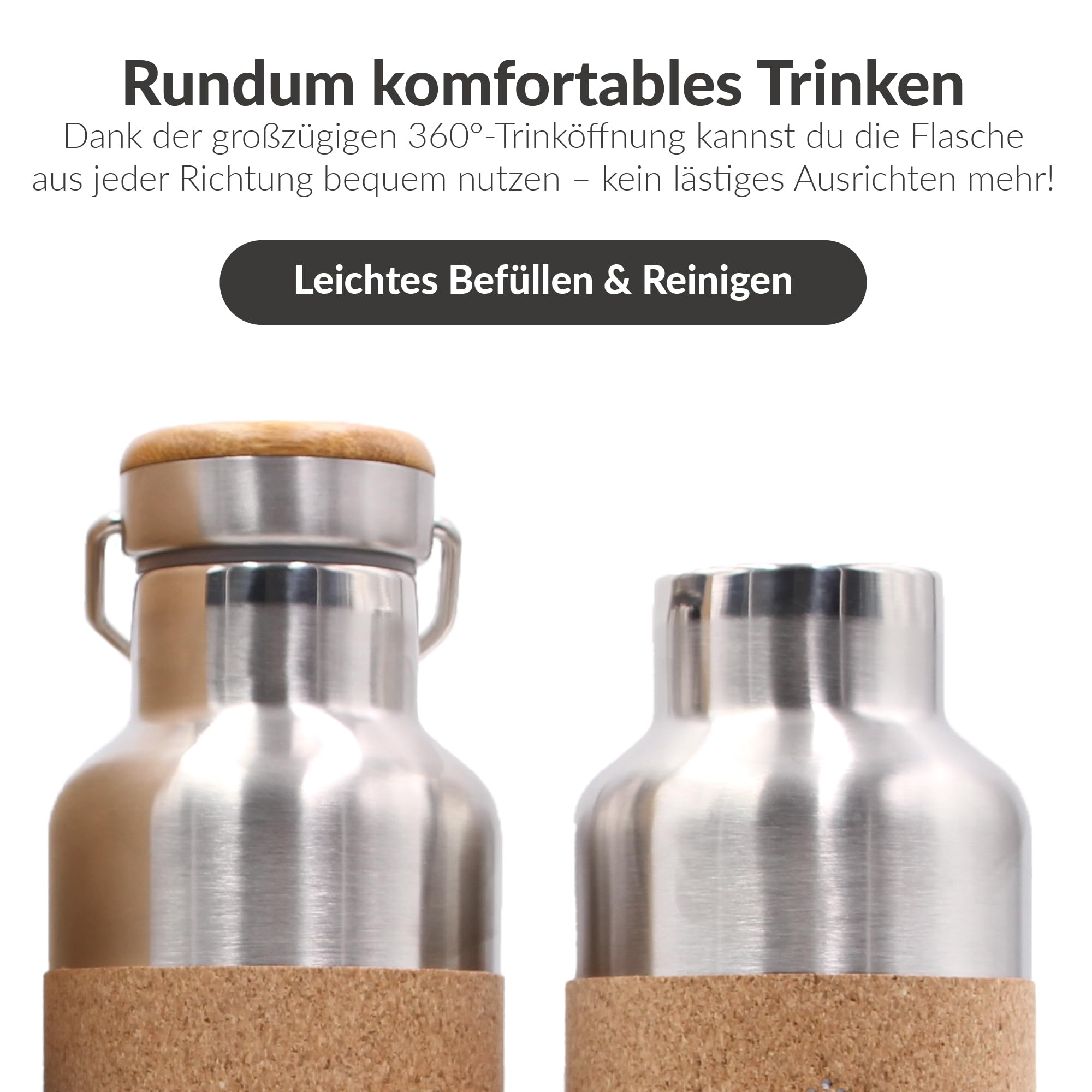 nachhaltige, isolierte Edelstahl Trinkflasche 750ml - Thermo Wasserflasche, auslaufsicher, schadstofffrei, geschmacksneutral | BPA frei, Kork,Tragegriff Yoga Büro - Welle Lasergravur