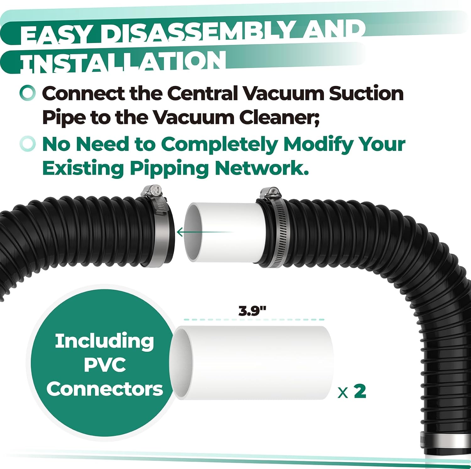 Central Vacuum Hose fits Connect A 2-Inch Indoor Vacuum Tube Compatible with OVO Flex Easy Retrofit Flexible Pipes to Install Quickly Easily Central Vacuum to an Existing Pipiping Network - Black