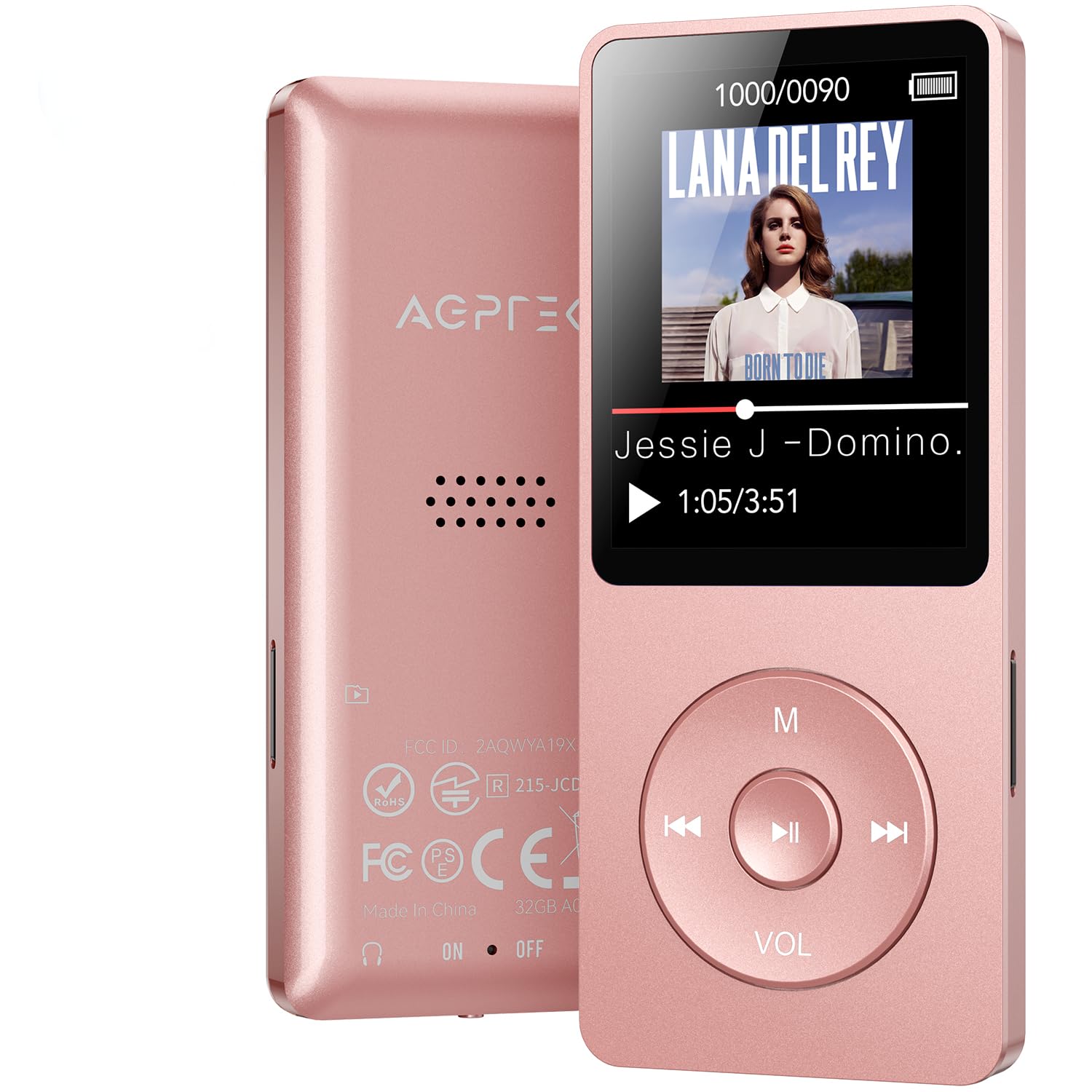 AGPTEK Odtwarzacz MP3 32 GB Bluetooth 5.3, 1,8 cala, 40 godzin odtwarzania | Klasyczny sportowy odtwarzacz MP3 z radiem FM, głośnik, do 128 G, (bez słuchawek) różowe złoto