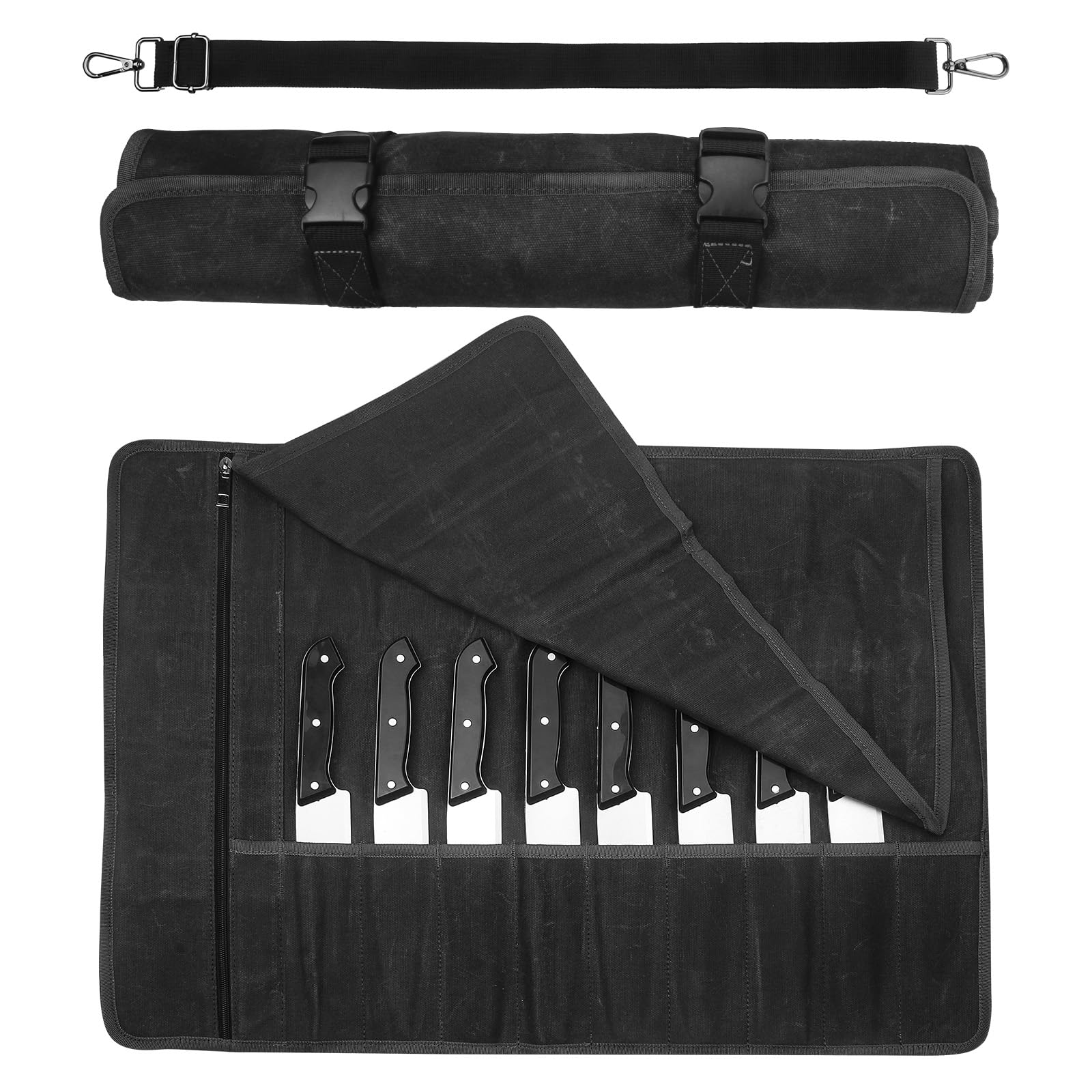 QEES Chef’s Knife Roll Bag,Waxed Canvas Chef Knife Bag,Portable 10 Slots Chef Knife Case Plus 1 Zipper Pockets Hold Home Kitchen Knife Tools Up To 18.8”,Heavy Duty Knife Bags For Chefs