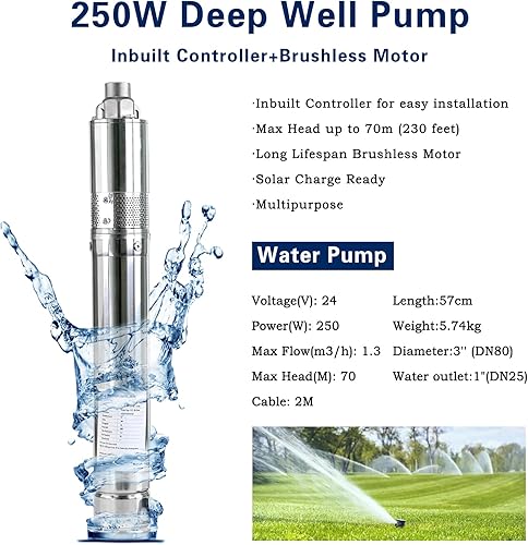Miniatura 4 de Bomba sumergible de pozo profundo DC 24V, acero inoxidable de 250 W, cabezal de 230 pies con filtro de entrada de agua, motor de CC sin escobillas,