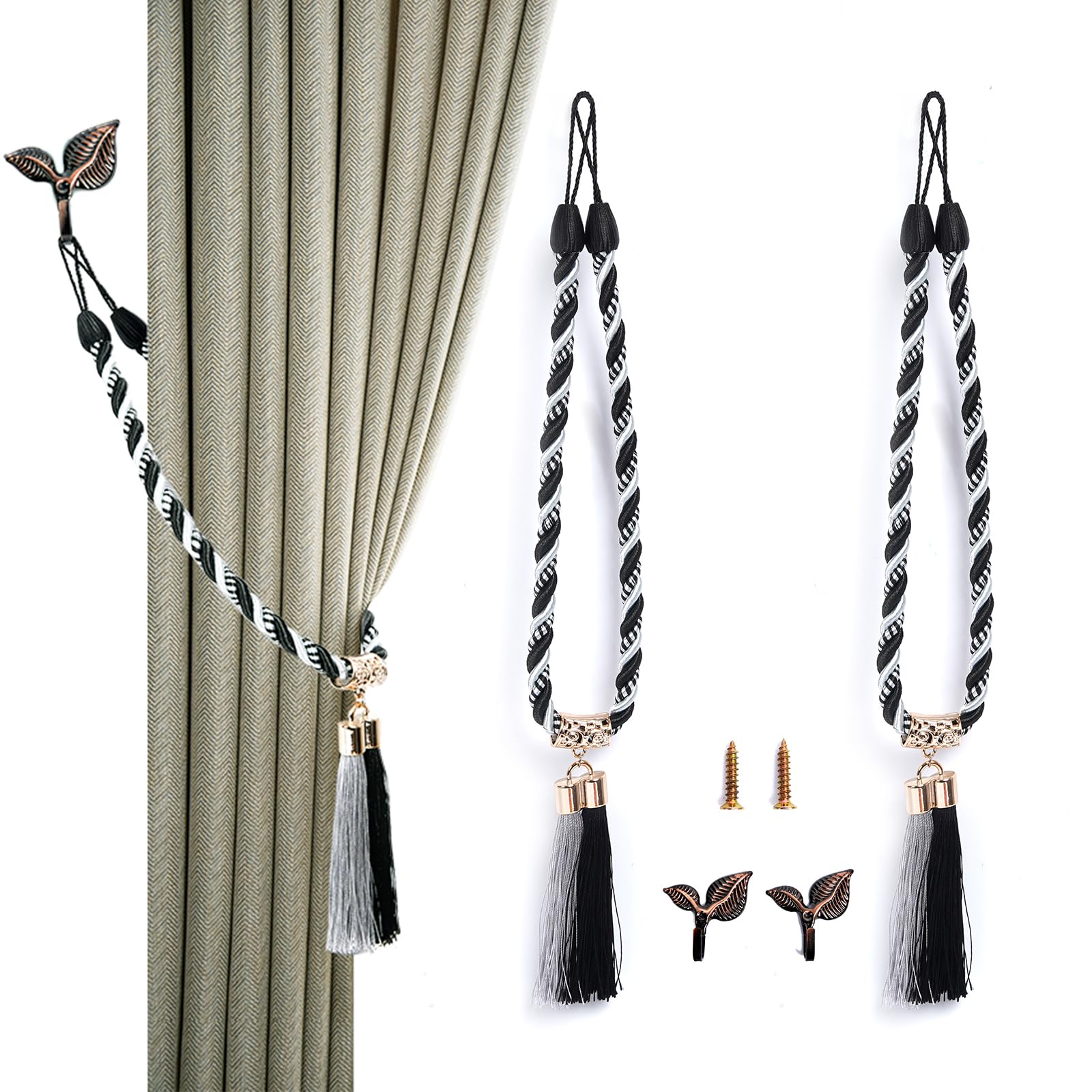 CurtainTassel Tiebacks, Curtain fixator, Suitable for Thin or Thick Curtains, Napoleon Style Curtain tie, tie and Hook Combination, Two Sets, Black