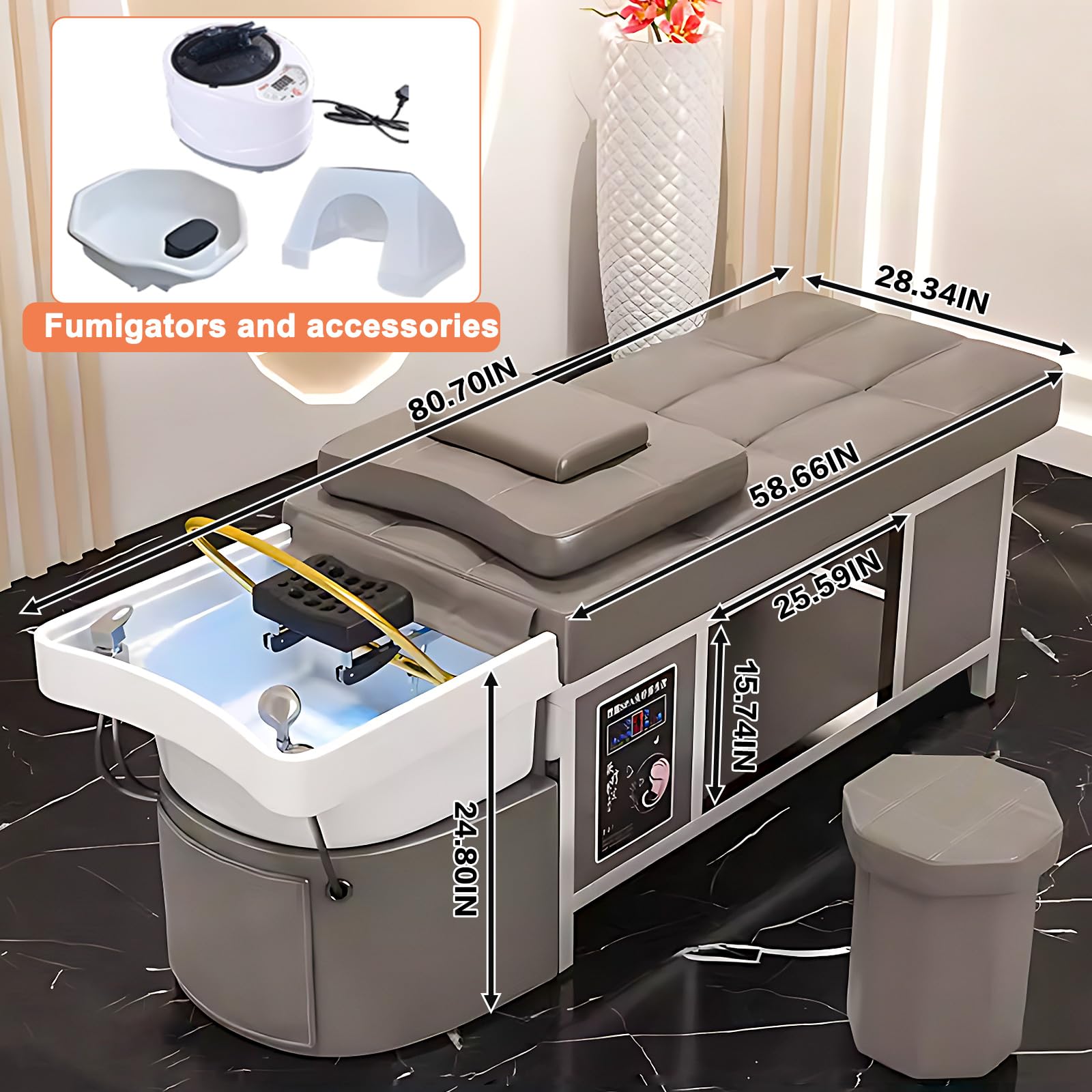 Szampon do salonu z zagłówkiem do masażu i stołem do pielęgnacji twarzy, konstrukcja ze stali nierdzewnej, system mycia i fumigacji, czarno-szary design.