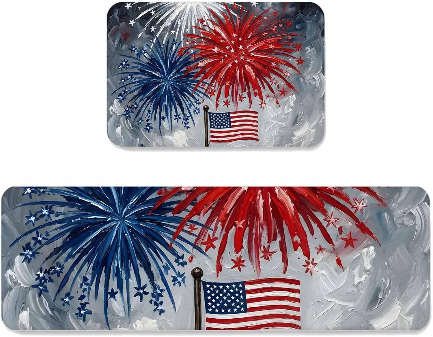 Prime Leader Independence Day Kitchen Mat Set 2 Pieces Oil Painting Blue White Red Firework Flag Non Slip Kitchen Rugs Washable Runner Rug Mats for Sink Laundry (23.6" x 35.4"+23.6" x 70.9")