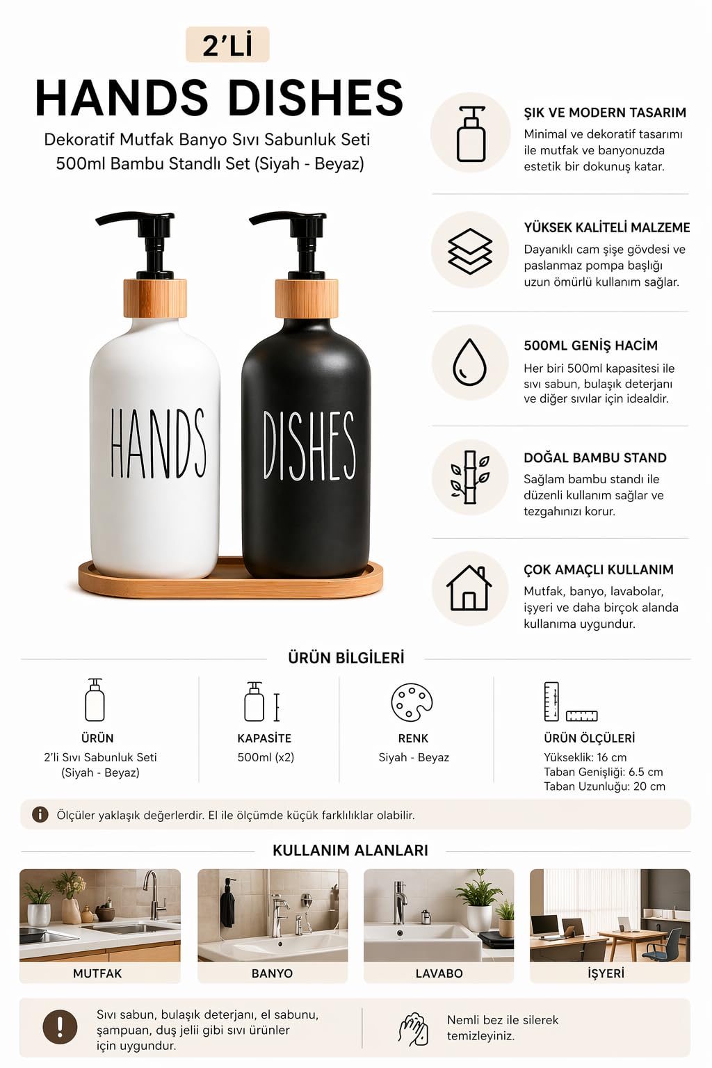 2’li Hands Dishes Siyah Beyaz Cam Sıvı Sabunluk Seti 500 ml, Bambu Standlı Dekoratif Mutfak & Banyo Sabunluk Dispenser Seti Şık Modern Tasarım
