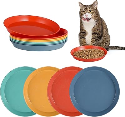 Guiqulai 8 Pcs Cat Food Dish Set: 5.9 Inch Shallow, Whisker-Friendly Plates in Colorful Design for Kittens and Short Legged Cats
