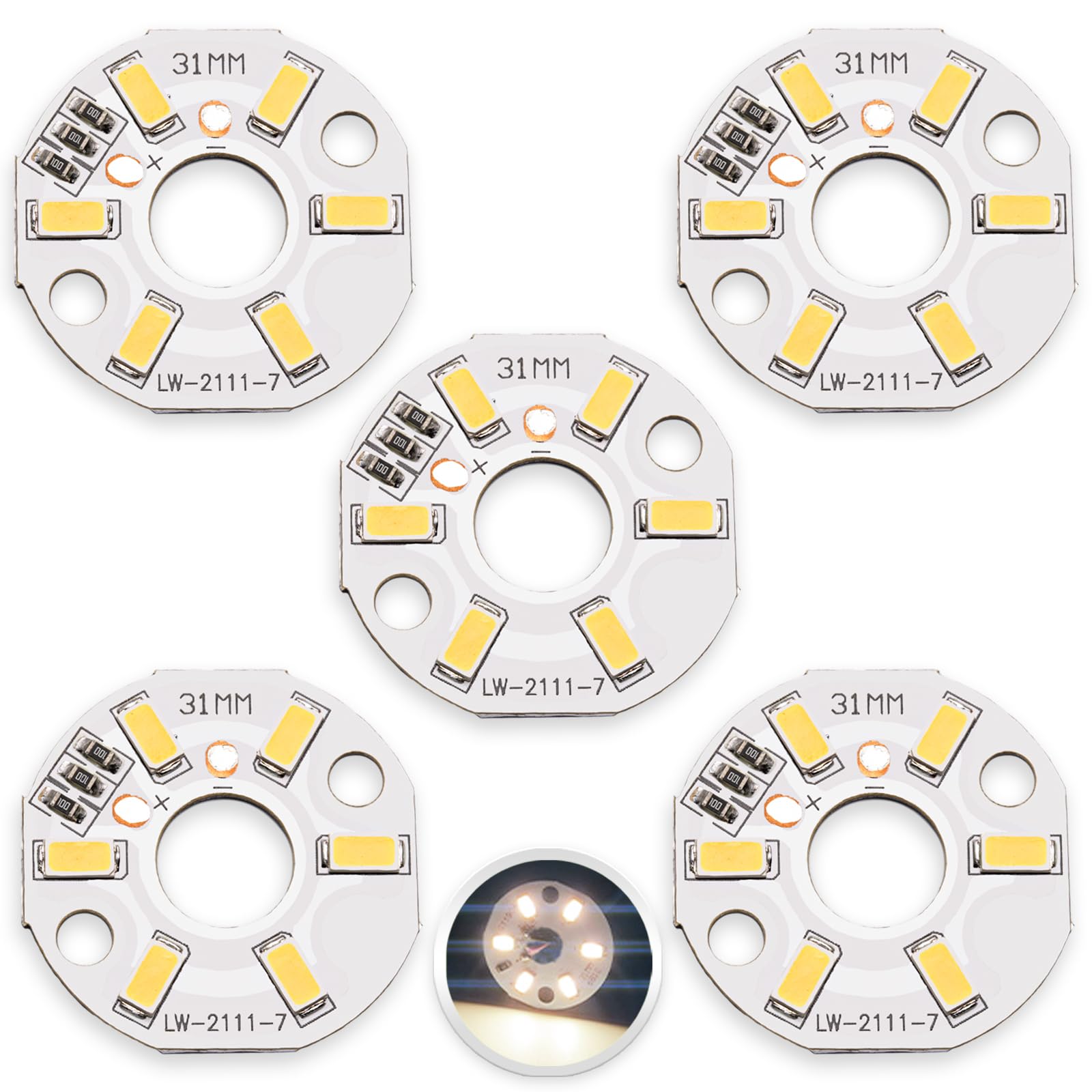 5Pcs 5V 3W Natural White COB LED Chip Bulb, 6-LED 5730 SMD High Power Chip with 31mm PCB Aluminum Plate Heat Sink Base for Spotlight Floodlight Downlights Replacement (Natural White, 700mA)
