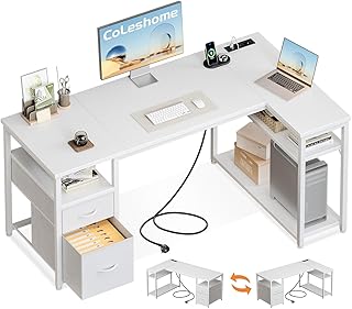 Coleshome Schreibtisch mit 2 Schubladen und Regal, 140×80 cm Eckschreibtisch mit Stauraum und Steckdose, Umkehrbarer Gaming Tisch für Homeoffice & Familienecke, Weiß
