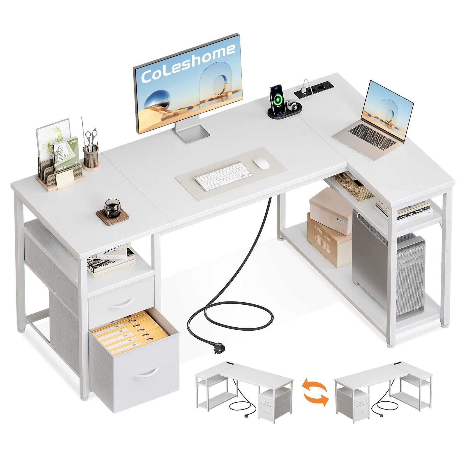 Coleshome Schreibtisch mit 2 Schubladen und Regal, 140×80 cm Eckschreibtisch mit Stauraum und Steckdose, Umkehrbarer Gaming Tisch für Homeoffice & Familienecke, Weiß