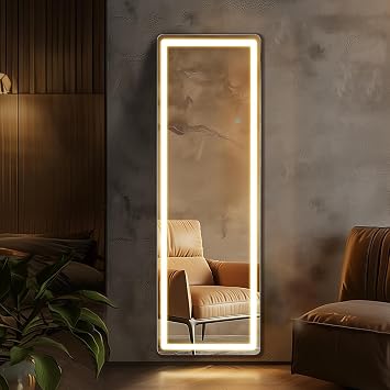 Alpen 64x21 Full Length Mirror with LED Lights, Lighted Full Body Mirrors, Aluminum Frame Mirror with Dimming & 3 Color Lighting, Hanging Mounted Mirrors for Bedroom Dressing Room Cloakroom