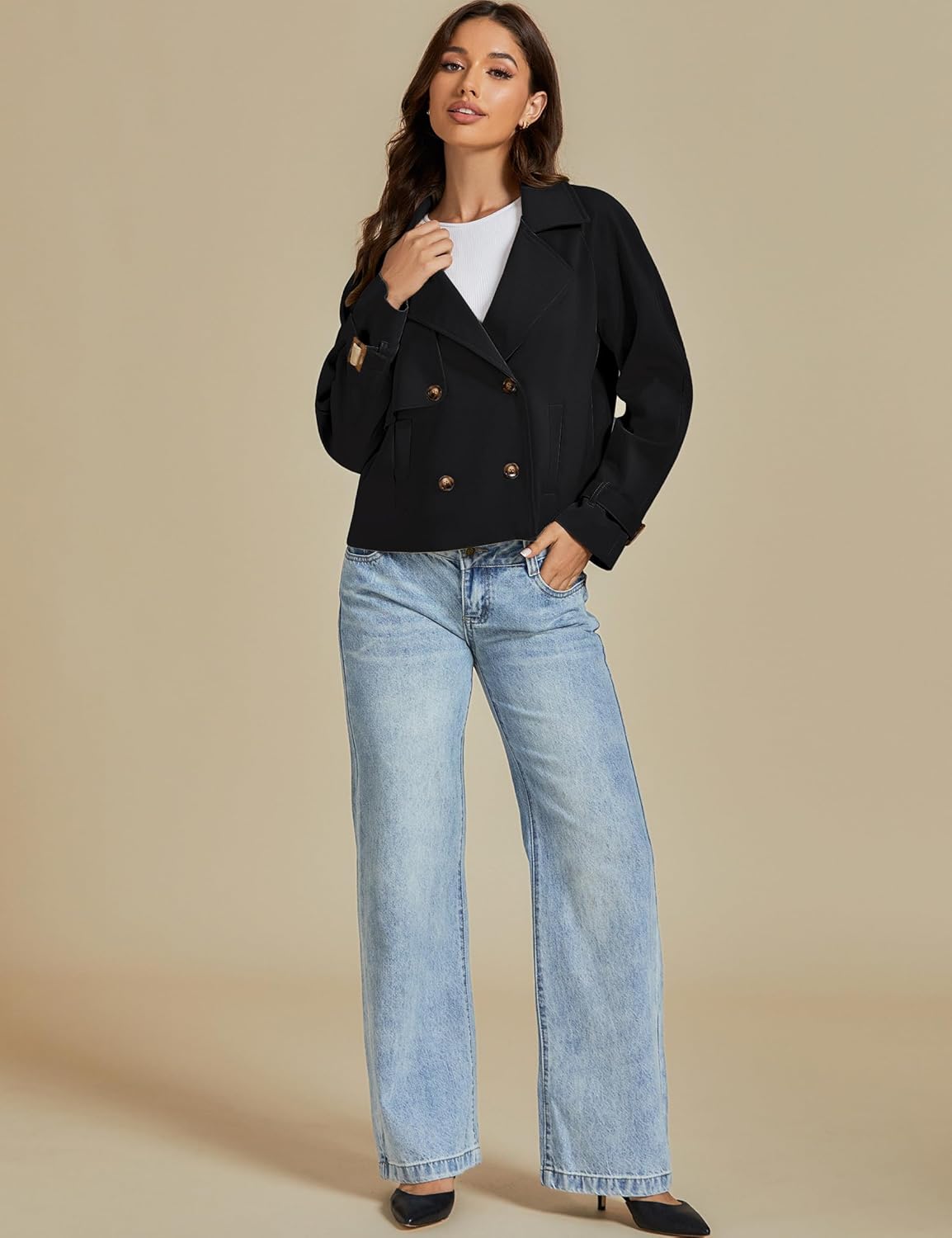 luvamia Cropped Trench Coat for Women Long Sleeve Double Breasted Notched Lapel Casual Loose Fit Jackets with Pockets - Image 6