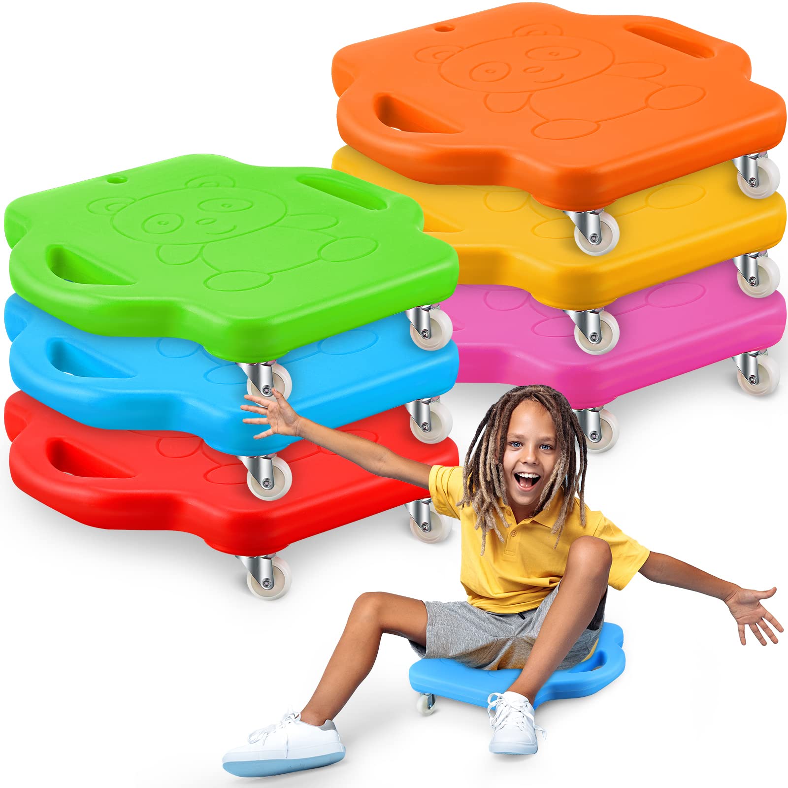 6 Pcs Scooter Boards with Safety Handle Plastic Caster, 16.7 x 15.7 Inches Base Floor Sitting Sports Scooter Board Gifts for Kids Children Indoor Outdoor Entertainment Exercise Activities Play Toy
