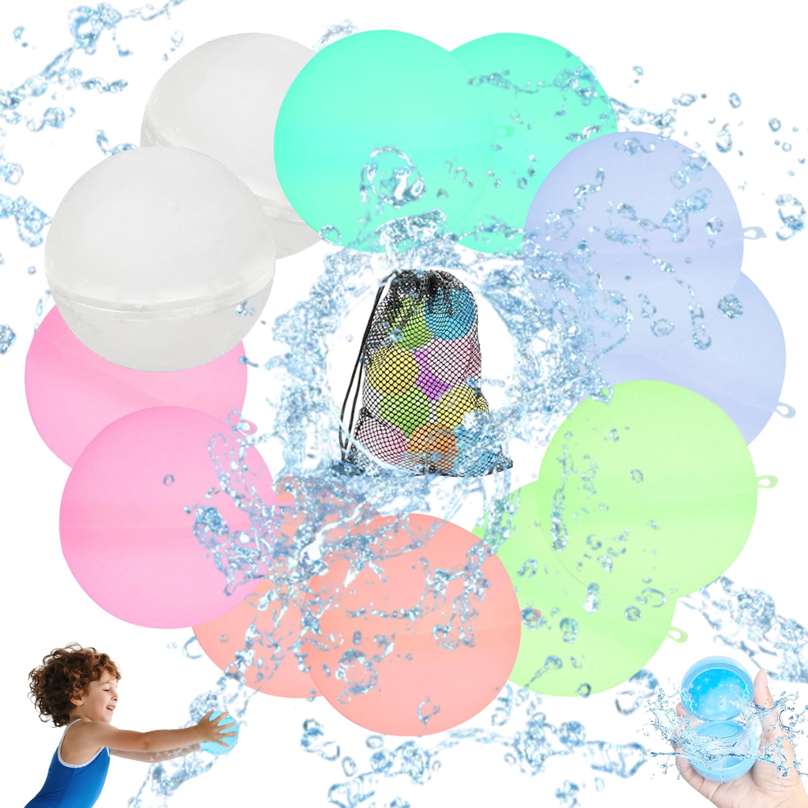 12PCS Reusable Water Bombs, Silicone Water Balloons, Multicoloured Water Balls for Kids Ages 3+, Pool, Beach & Outdoor Fun